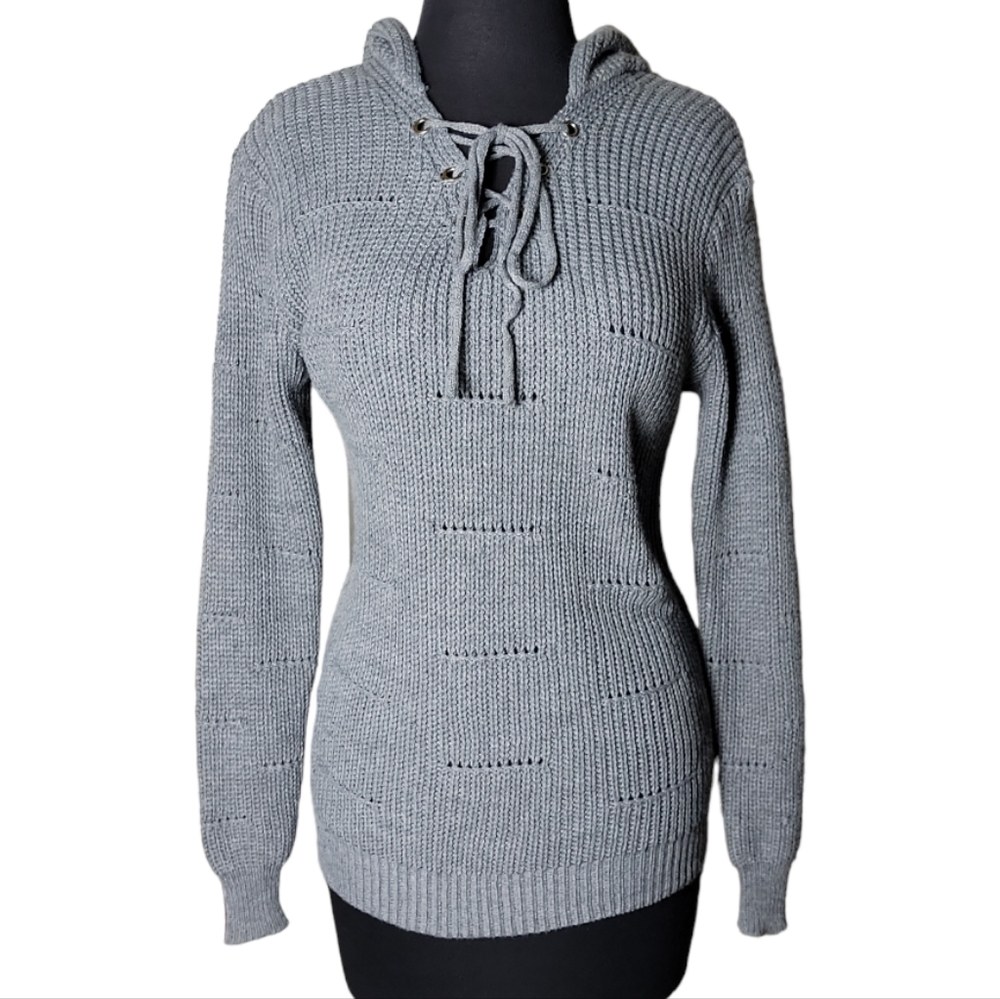Fashion Fuse patchwork rib knit hooded gray sweater size medium